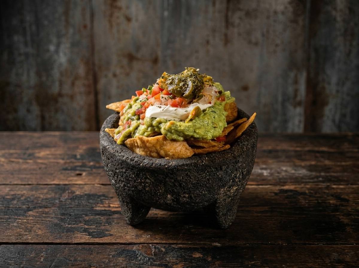 Nachos con guacamole, pico de gallo, crema agria y jalapeños.